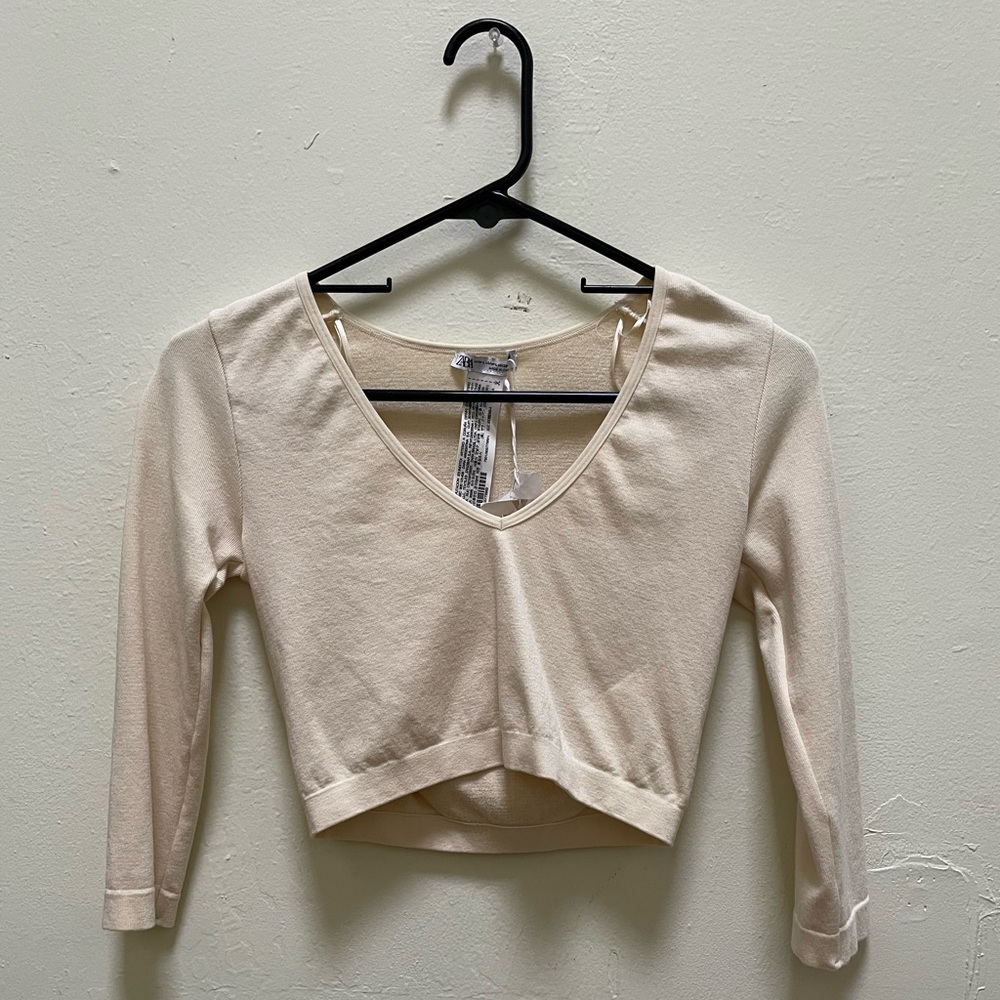 Zara Limitless Contour Collection Beige 3/4 Sleeve Crop Top